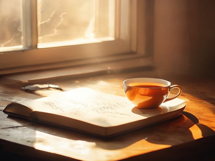 Morning journaling space with natural light and warm beverage
